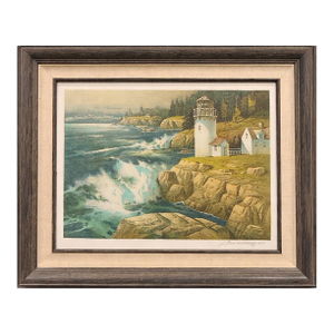 Framed “New England Lighthouse” Coastal Seascape Lithograph by Tom Nicholas, 1977 (Franklin Mint Gallery)
