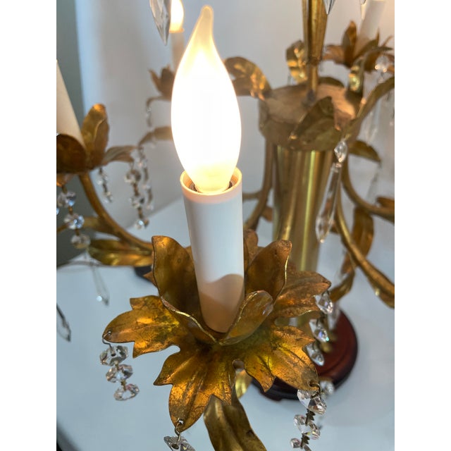 Mid 20th Century Italian Gilt Tole and Crystals Electric Candelabra Lamp For Sale - Image 10 of 18