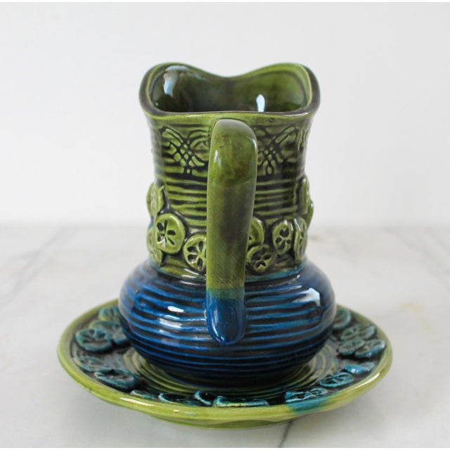 Mid 20th Century Vintage Inarco Blue and Green Ceramic Pitcher With Matching Underplate For Sale - Image 5 of 11