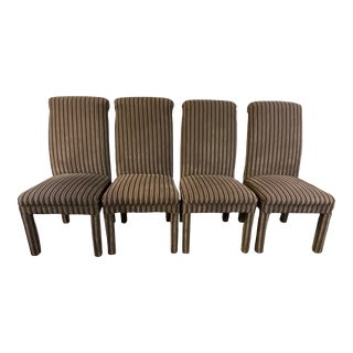 1980s Modern Hollywood Regency Velvet Parson Dining Chairs in Brown and Plum - Set of 4 For Sale