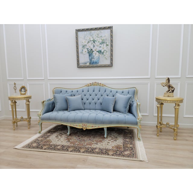 French Provincial 1970s Sky Blue Tufted French Provincial Sofa | Hand-Painted Floral Trim, Louis XV Style Settee For Sale - Image 3 of 12