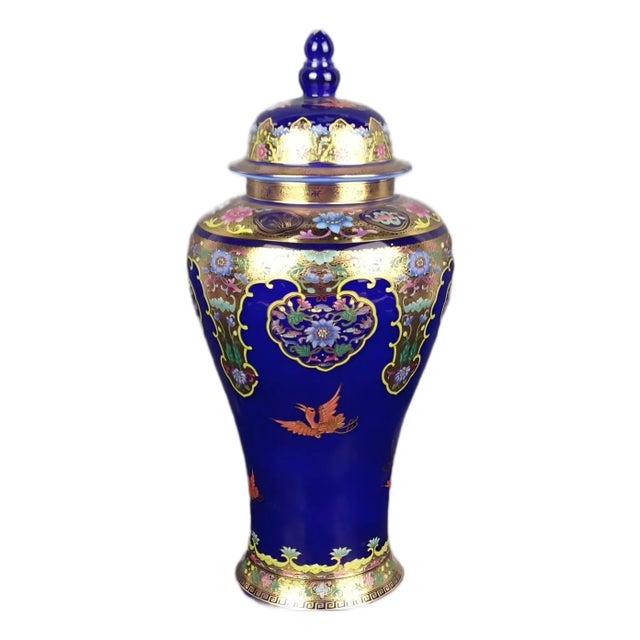 Chinese Vintage Ceramic Pot,Qing Dynasty Qianlong Marked Blue Ground Gold Color Enamel Porcelain Ginger Jar Hand Painted Flowers Pattern For Sale