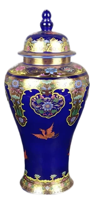 Chinese Vintage Ceramic Pot,Qing Dynasty Qianlong Marked Blue Ground Gold Color Enamel Porcelain Ginger Jar Hand Painted Flowers Pattern