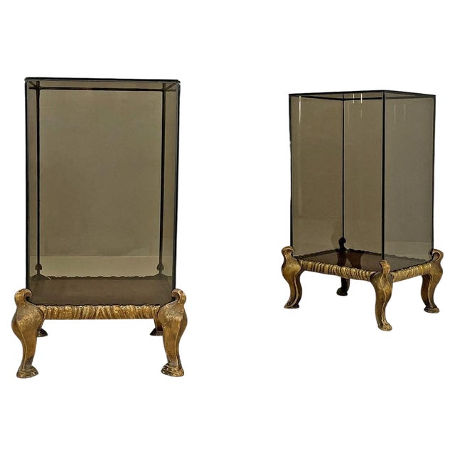 Italian Modern Golden Wood and Grey Glass Coffee Tables, 1970s, Set of 2 For Sale