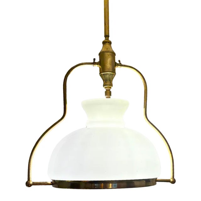 1950s Mid-Century French Brass and Opaline Glass Pendant Light, 1950s For Sale - Image 5 of 8