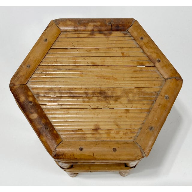 Chinoiserie Vintage Hexagonal Scorched Bamboo Split Reed Plant Stand or Riser For Sale - Image 3 of 6