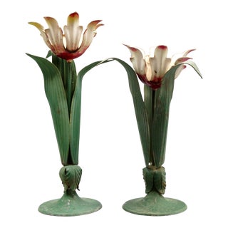 French Tole Flower Candle Holders, Set of 2 For Sale