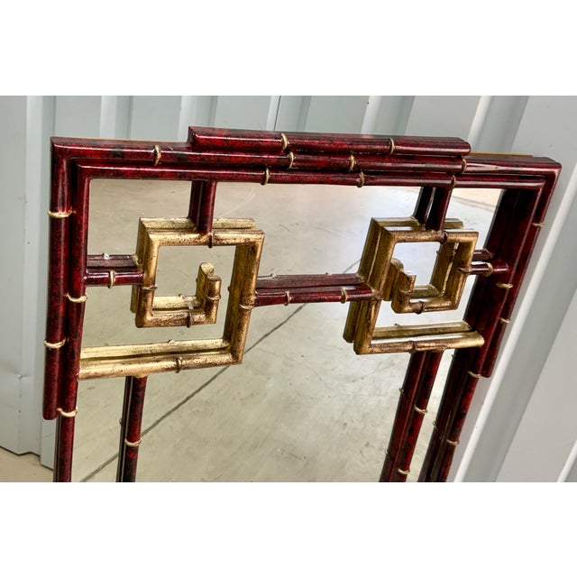 Glass Mid 20th Century Red Faux Tortoise Shell & Parcel Gilt Newly Painted Chinoiserie Mirror by Turtle and Crane - Tony Duquette & Maitland-Smith Style For Sale - Image 7 of 12