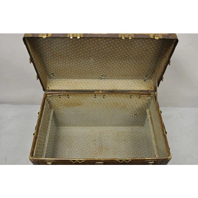 Wood Antique Belber Traveling Goods Brown Monogram Print Hard Case Steamer Trunk For Sale - Image 7 of 12