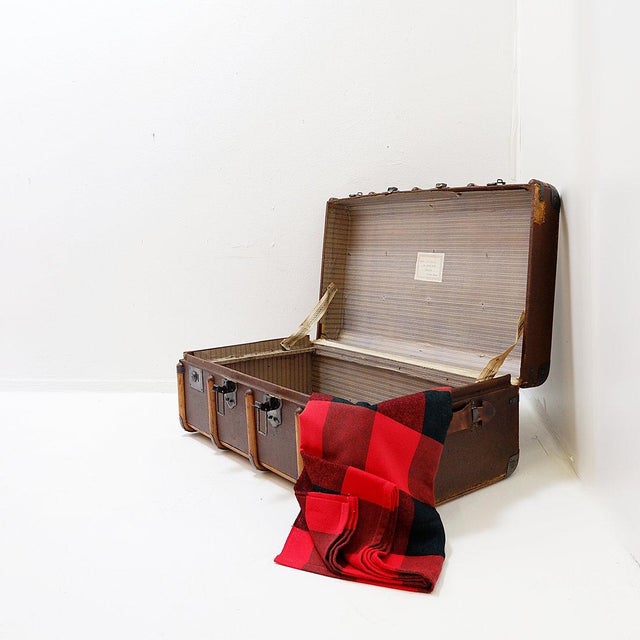 Industrial Antique Canvas and Wood Suitcase Steamer Trunk, 1920s For Sale - Image 3 of 16