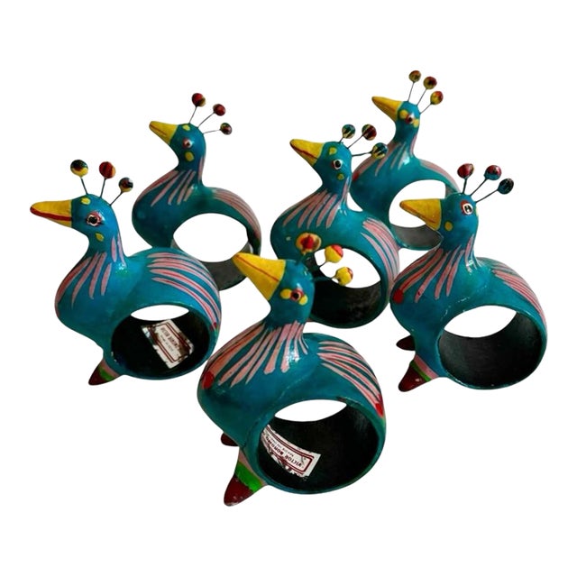 Vintage Mid 20th Century Handmade Folk Art Bird Napkin Rings - Set of 6 For Sale