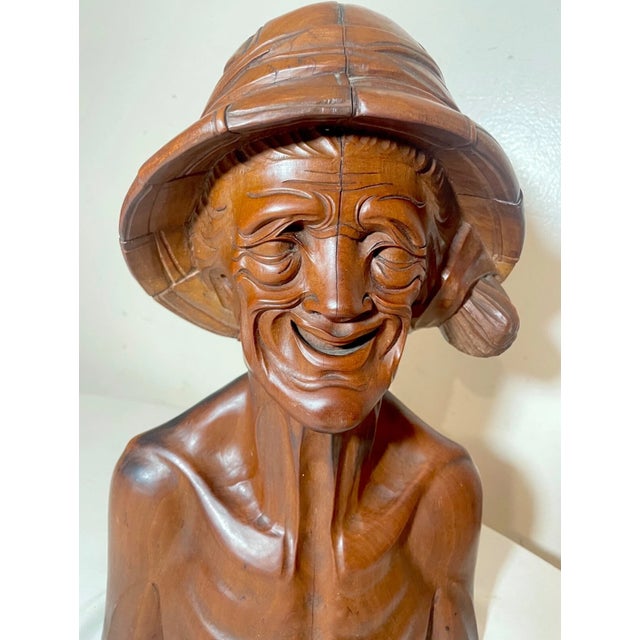 Brown Antique 1800's Hand Carved Wooden Japanese Elder Old Man Bust Sculpture Statue For Sale - Image 8 of 12