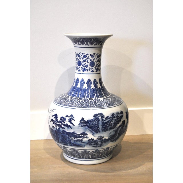 Art Deco 1930s Large Blue White Globular Vase Landscape Pavilions Apocryphal Six-Character Mark For Sale - Image 3 of 14