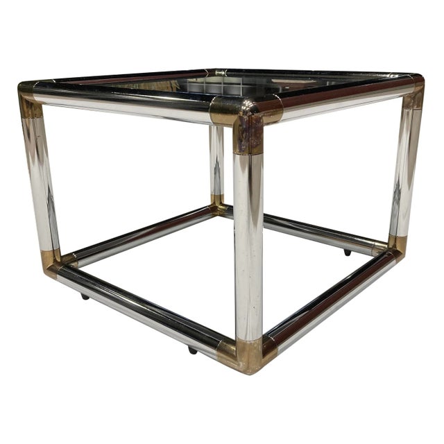Vintage brass and chrome plated tube steel side, end table, or nightstand, with tiered two-tone smoked and bronze tinted...