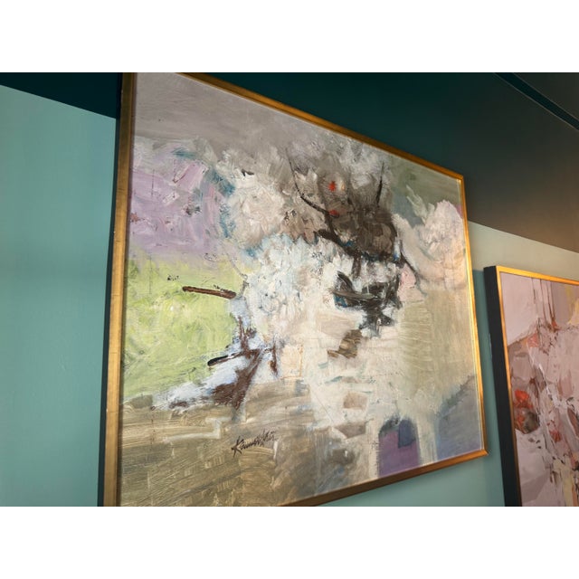 Abstract Mixed Media Painting, Framed A richly layered abstract painting featuring an expressive interplay of soft...