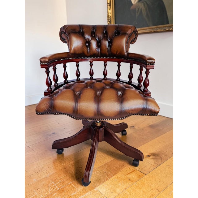 Antique Style Chesterfield Swivel and Tilt Captain's Chair in Brown Buttoned Leather, 1990s For Sale - Image 3 of 18