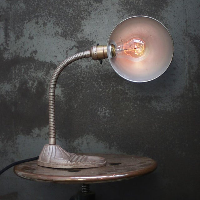 Industrial Mid-20th Century Canadian Pink Goose Neck Desk Light with Cast Iron Base For Sale - Image 3 of 8