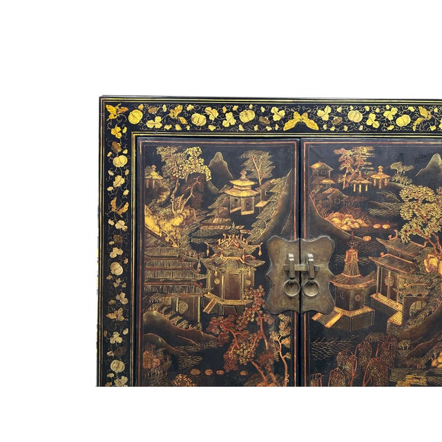 Vintage Chinese Black Golden Scenery Storage Armoire Wardrobe Cabinet For Sale In San Francisco - Image 6 of 9