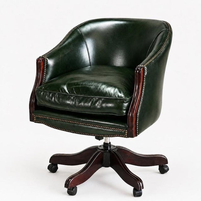 1990s Vintage Racing Green Leather Swivel Desk Chair Mahogany-Toned Base and Nail Trim, 1990s For Sale - Image 5 of 10