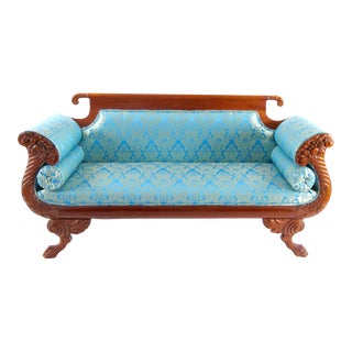 19th Century Mahogany Wood Framed Empire Style Upholstered Sofa For Sale