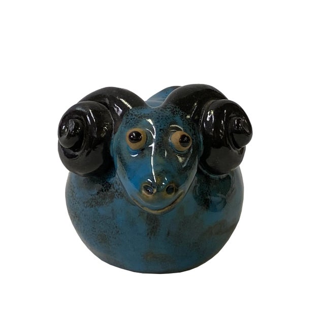 Handmade Navy Blue Ram Small Ceramic Animal Figure Display Art For Sale In San Francisco - Image 6 of 9