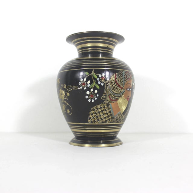 Vintage Blackened Painted and Etched Brass Vase Indian Wedding Couple For Sale - Image 4 of 9
