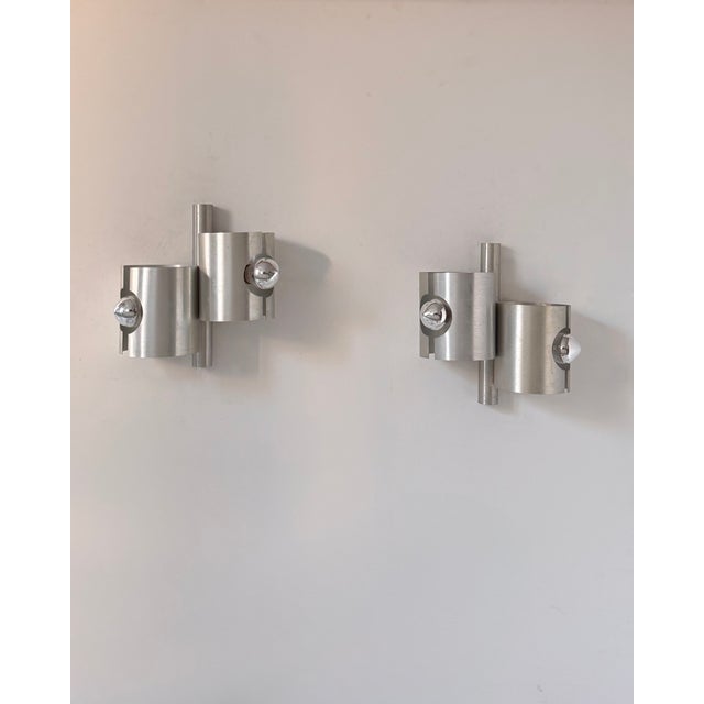 1970s Vintage Double Wall Lights in Brushed Metal, France, 1970, Set of 2 For Sale - Image 5 of 8