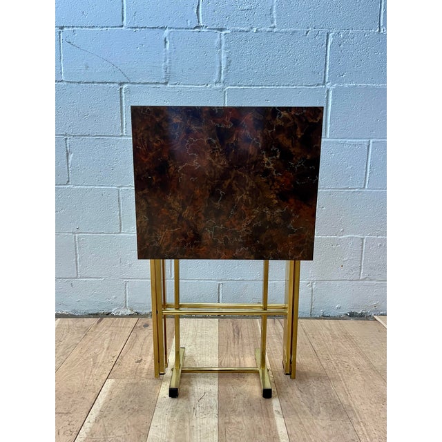Vintage Set of Brass and Faux Tortoise Snack Tables With Stand For Sale - Image 4 of 10