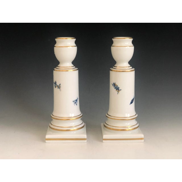 Mid-Century Modern Pair of Meissen Porcelain Aquatinta Candlesticks Flower Insect Decor Gold Accent For Sale - Image 3 of 11