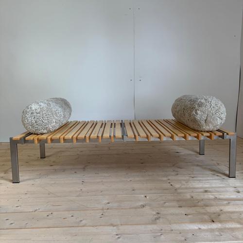 Wood and Metal Bench with Cushions, 1970 For Sale - Image 4 of 7