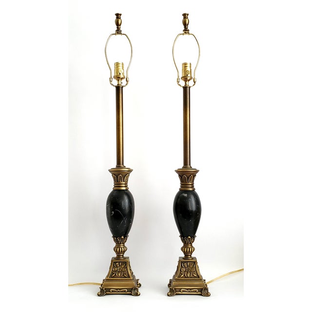 Onyx Lamps Maitland Smith Black Marble Pair & Silk Shades For Sale - Image 8 of 12