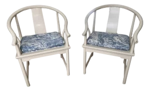 Set of 2 Vintage Baker “Signature” Mid-Century Dining Armchairs in Cream With Blue Upholstered Seats