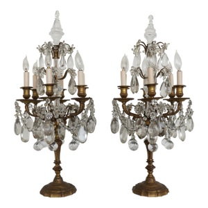 Antique 19th Century French Bronze & Crystal Girandole Lamps (Set of 2)