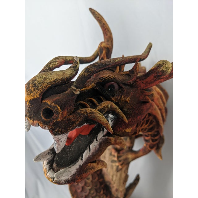 Wood Mid 20th Century Monumental Hand-Carved Asian Dragon Coiled Around Natural Tree Trunk Sculpture With Original Polychrome Finish 40" For Sale - Image 7 of 18