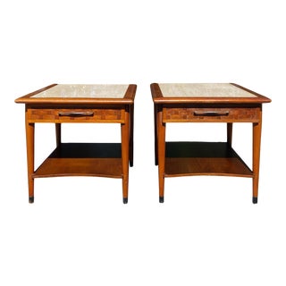 Pair of Lane Perception Style Basketweave Side Tables or Nightstands | Inset Travertine Top For Sale