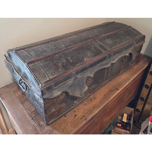Rustic European Dome Leather Trunk Owned by Dn. Raphael Zambrano For Sale - Image 3 of 11