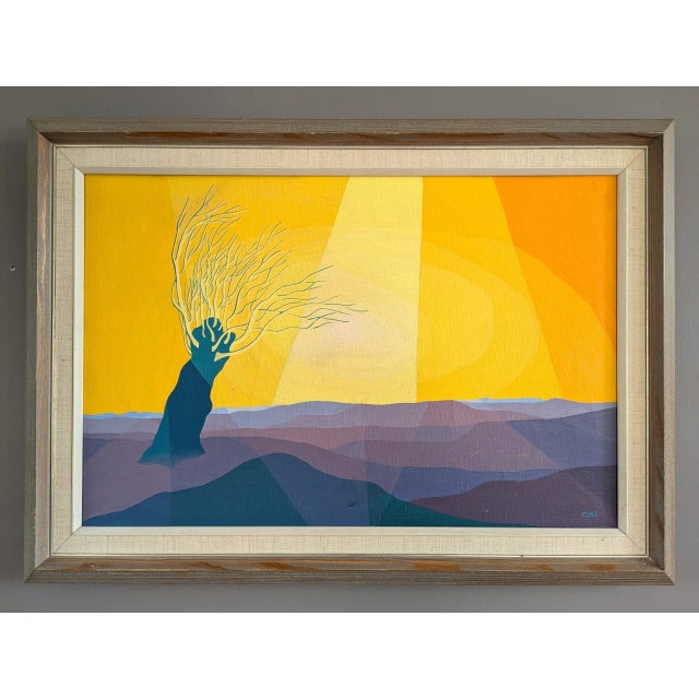 SUNLIT TREE Size: 15 x 20.9 inches (including frame) Oil on Canvas A striking and surreal mid century modernist landscape...
