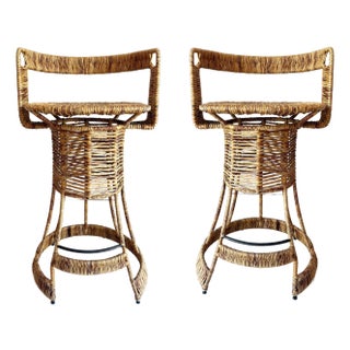 Mid-Century Rush, Iron Bar Stools by French Designer Roger Coster, Seat 28" High For Sale