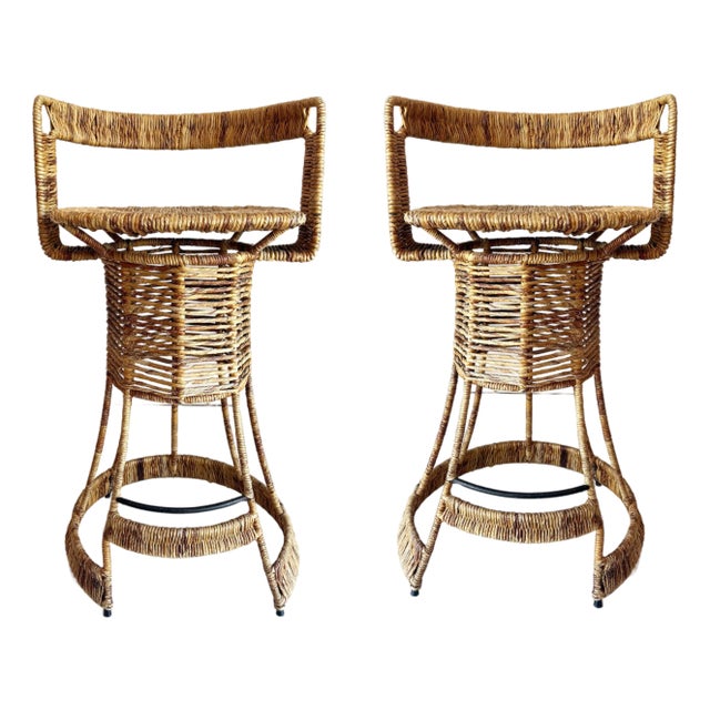 Mid-Century Rush, Iron Bar Stools by French Designer Roger Coster, Seat 28" High For Sale