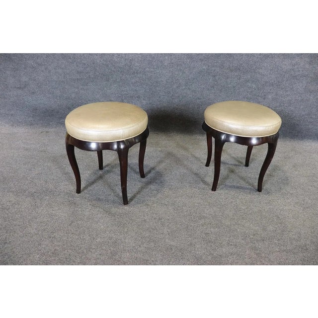 Pair of Barbara Barry for Baker Round Vanity Stools With Leather Upholstery and Sculpted Wood Bases For Sale In Los Angeles - Image 6 of 7