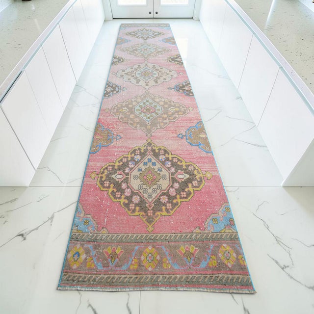 Contemporary 1960s Traditional Turkish Runner Hand Knotted Distressed Low Pile Pink Hallway Rug Kitchen Decor For Sale - Image 3 of 14