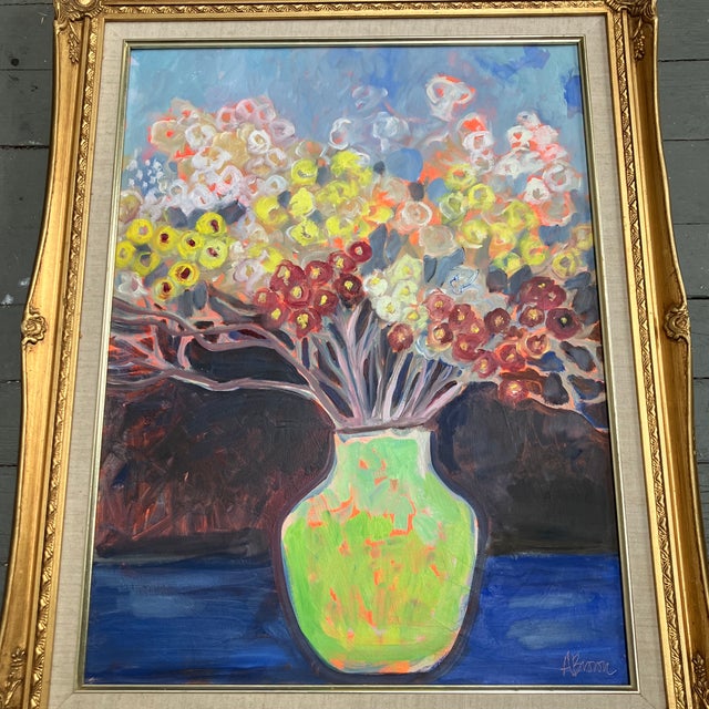 Original 18 x 24 painting on stretched canvas Signed bottom right Overall size with vintage frame is 23 x 29