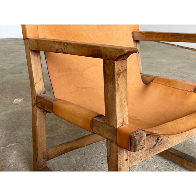 Mid-Century Spanish Sling Lounge Chairs in Saddle Leather and Wood, 1960s, Set of 2 For Sale - Image 9 of 13