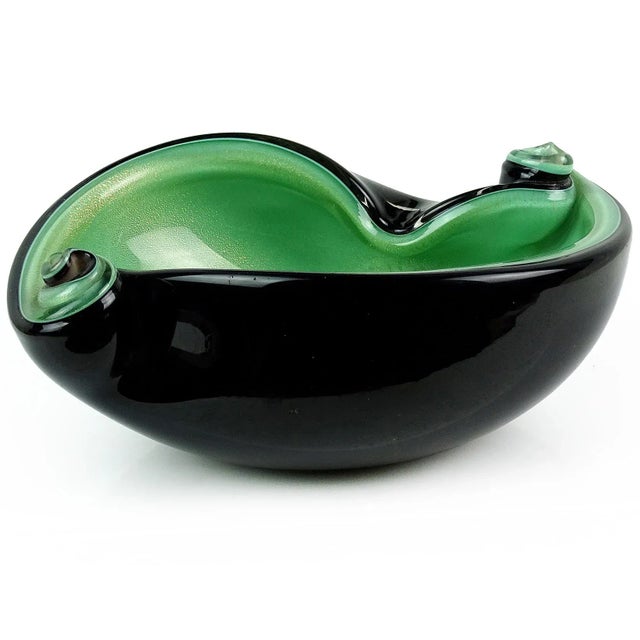 Murano Murano Barbini Vintage Black Over Green Gold Flecks Italian Art Glass Scroll Shell Bowl Ashtray For Sale - Image 4 of 7