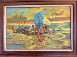 Vintage Original Oil Painting Pioneer Wagon River Crossing Dawn Signed Horman