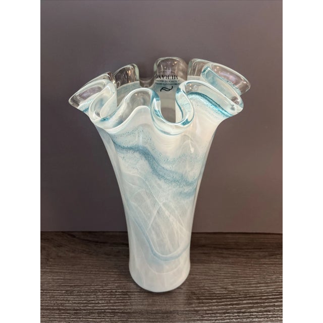 Mid-Century Modern Vintage Murano Blue White Swirl Ruffled Hand Blown Handkerchief Vase For Sale - Image 3 of 4