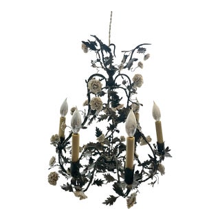 Early 20th Century Tole Chandelier With Porcelain Flowers For Sale