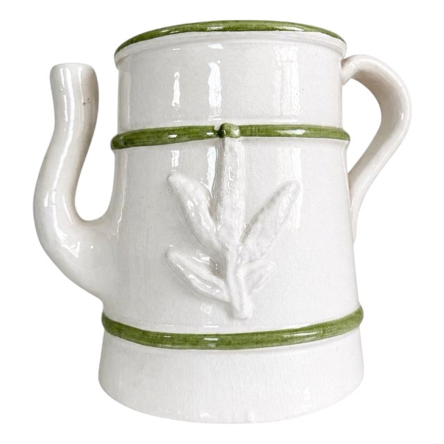 White Green Botanical Relief Large Pottery Pitcher Handmade in Portugal For Sale