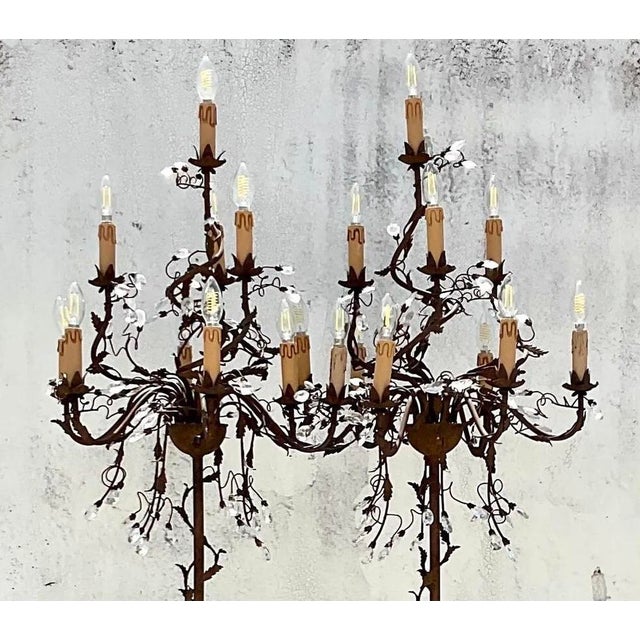 Cinnamon Vintage Boho Patinated Crystal Teardrop Floor Chandelier Lamps - a Pair For Sale - Image 8 of 12
