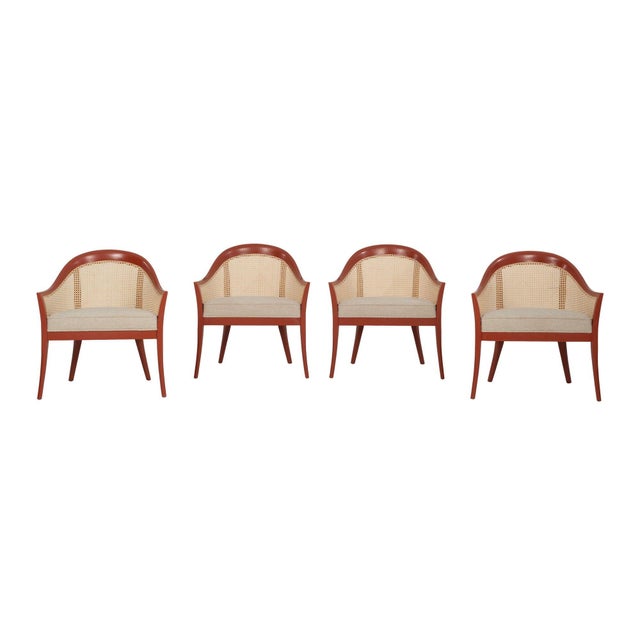 Harvey Probber Set of Four Occasional Chairs, Salmon Lacquer & Cane, 1960c An elegant quartet of mid-century seating by...